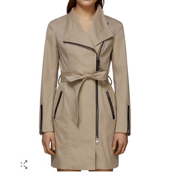 Mackage Estela Asymmetrical Leather Trim Belted Knee Length Trench Coat Sz XXS - Picture 1 of 15